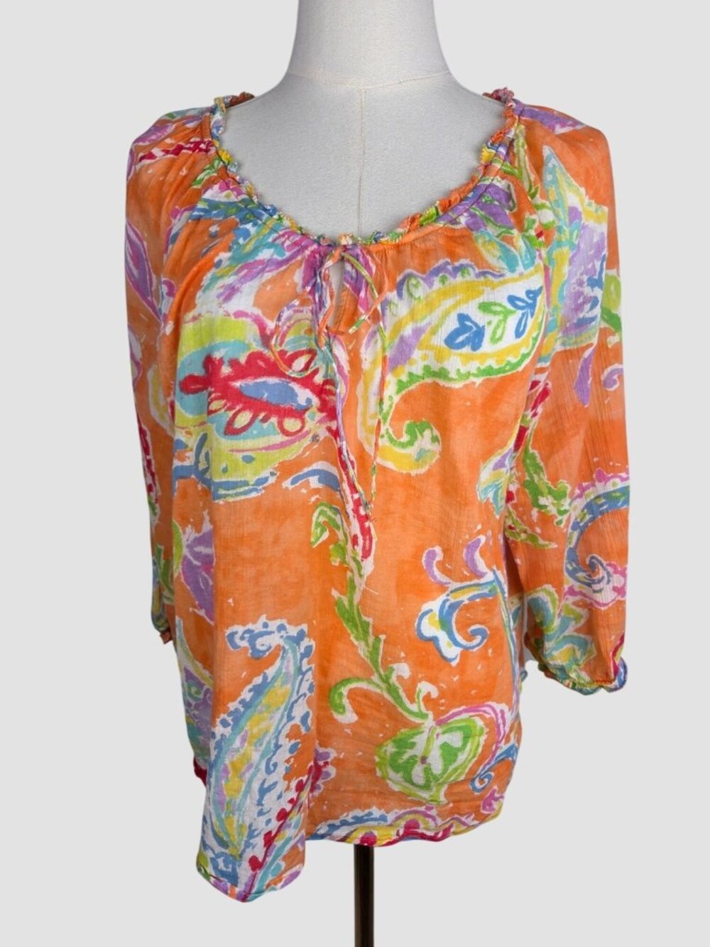 Lauren Ralph Lauren Orange Paisley Peasant Blouse Sz M 3/4 Sleeve EUC Boho